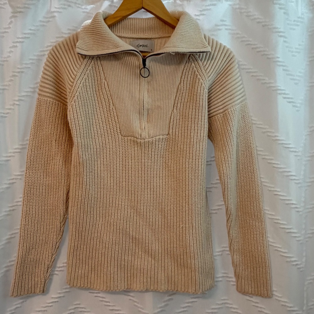 Esmaee Womens Cream Ribbed Quarter Zip O-Ring Pullover Sweater Size S Beige